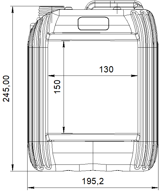 Схема канистры HDPE, вид спереди – размеры 245×195,2 мм, зона под этикетку 150×130