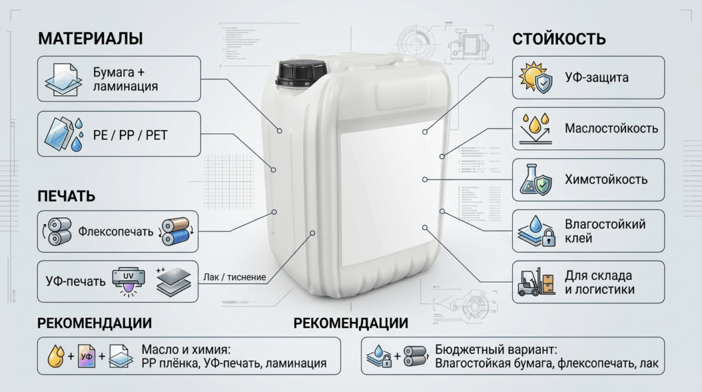 Инфографика по выбору этикетки для канистры - материалы и виды печати, устойчивые к маслу, химии, влаге, УФ-воздействию и складским условиям