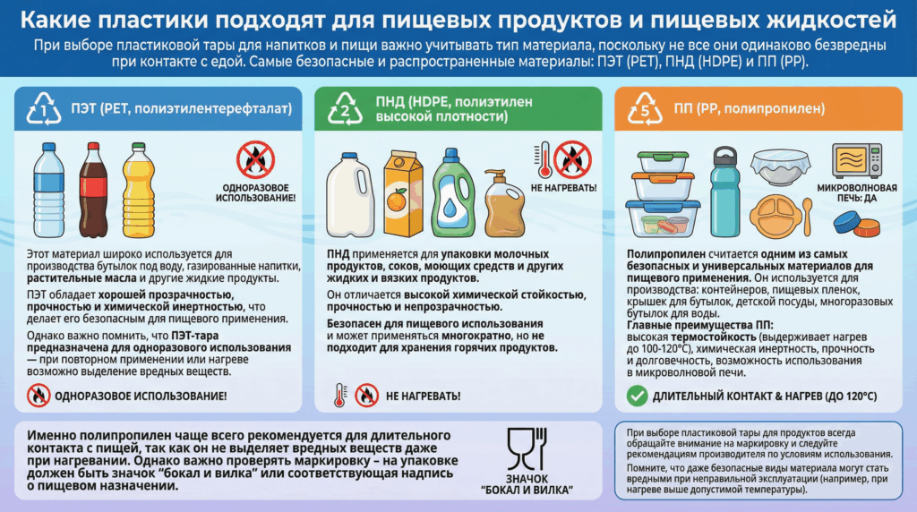 Инфографика о видах пищевого пластика PET, HDPE и PP для продуктов и напитков