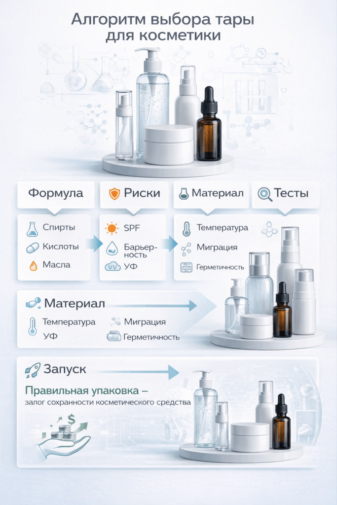 Схема выбора упаковки для косметических средств с этапами оценки формулы, барьерных рисков, материала и испытаний