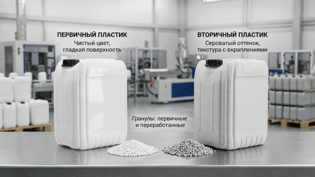 Первичный и вторичный пластик для производства канистр – белые и серые гранулы на промышленном столе; сравнение готовой тары