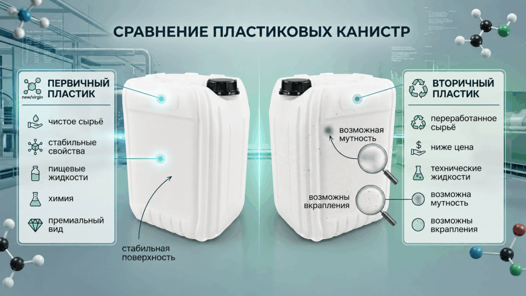 Сравнение канистр из первичного и вторичного пластика по сырью, внешнему виду и применению^ стабильная поверхность, возможная мутность и вкрапления