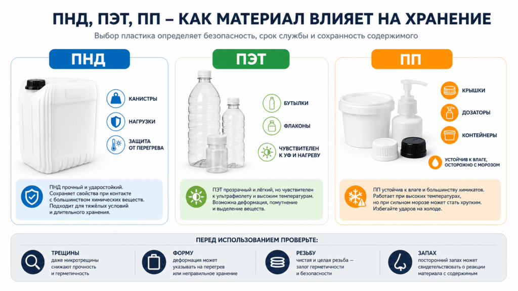 Инфографика о влиянии материалов ПНД, ПЭТ и ПП на хранение и срок службы пластиковых канистр, бутылок, флаконов, крышек и дозаторов