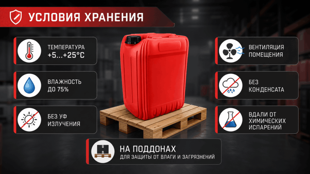 Инфографика об оптимальных условиях хранения пластиковых канистр – температура, влажность, вентиляция и защита от УФ-излучения