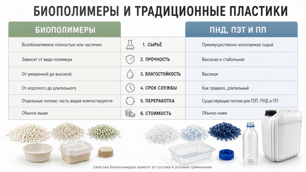 Сравнение биополимеров и традиционных пластиков ПНД, ПЭТ и ПП по сырью, прочности, влагостойкости, сроку службы, переработке и стоимости