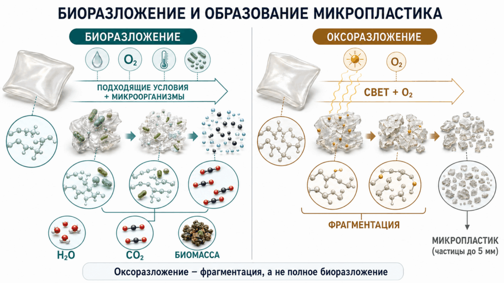 Сравнение биоразложения и оксоразложения пластика – распад на воду, углекислый газ и биомассу или образование частиц микропластика размером до 5 мм