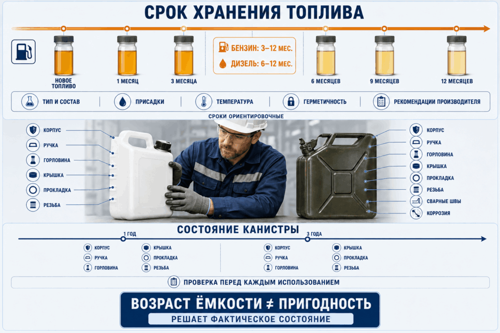 Срок хранения бензина и дизельного топлива и проверка состояния пластиковой и металлической канистры перед использованием