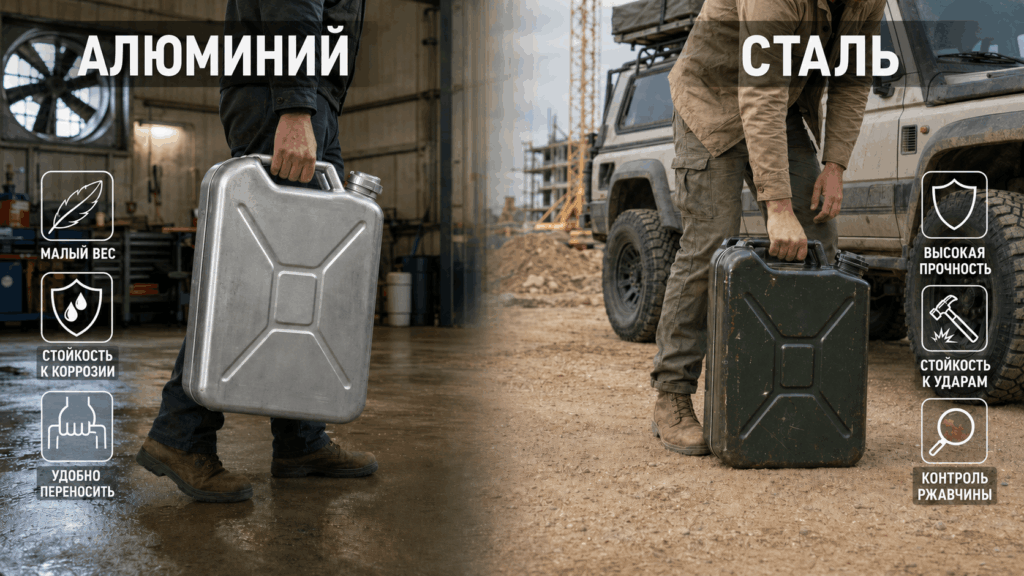 Алюминиевая канистра в гараже и стальная канистра у экспедиционного автомобиля – различия материалов и условий эксплуатации топливной тары