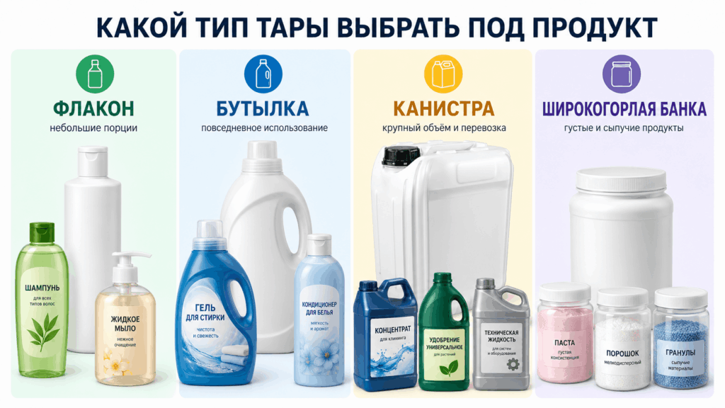 Виды пластиковой тары для жидких, густых и сыпучих непищевых продуктов – бутылки, флаконы, канистры и широкогорлые банки разного объёма