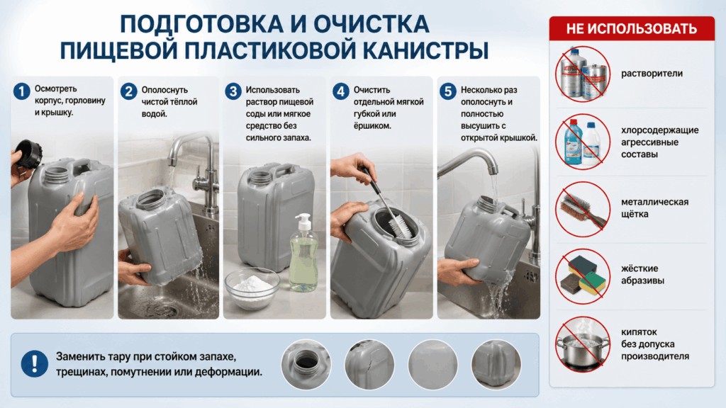 Пошаговая инструкция по очистке пищевой пластиковой канистры с проверкой корпуса, горловины и крышки, а также признаками замены повреждённой тары