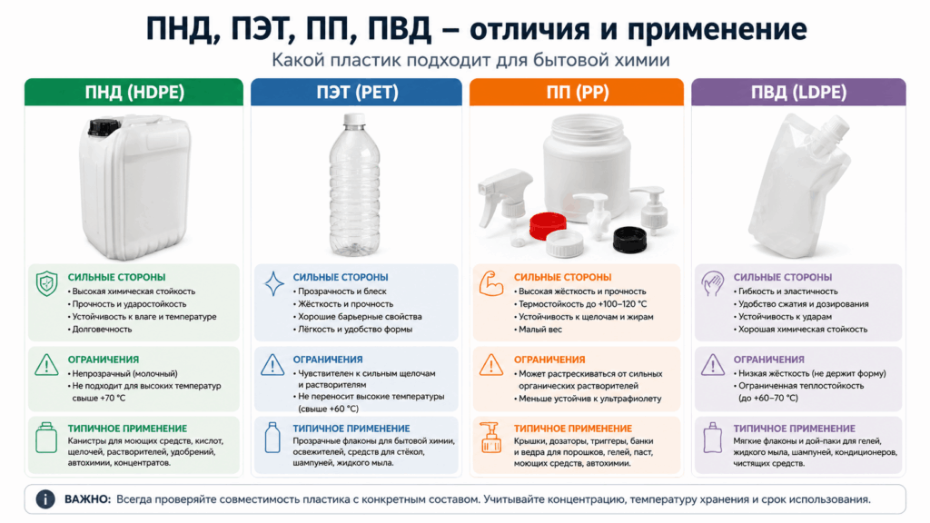 Инфографика: сравнение ПНД, ПЭТ, ПП и ПВД для упаковки бытовой химии – свойства, ограничения и типичные варианты применения пластиков