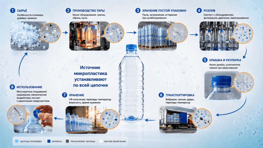 Откуда берётся микропластик в бутылках и канистрах – инфографика возможных источников частиц от производства тары и розлива до перевозки и использования.