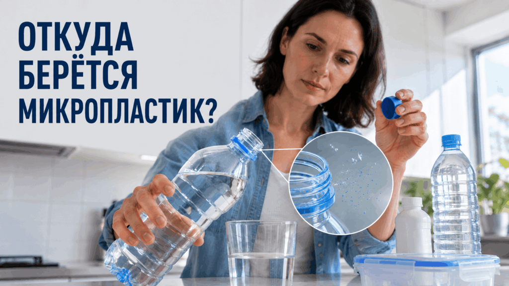Микропластик в бутылках с водой – крупный план горловины и крышки пластиковой тары с научной визуализацией микрочастиц при открывании.