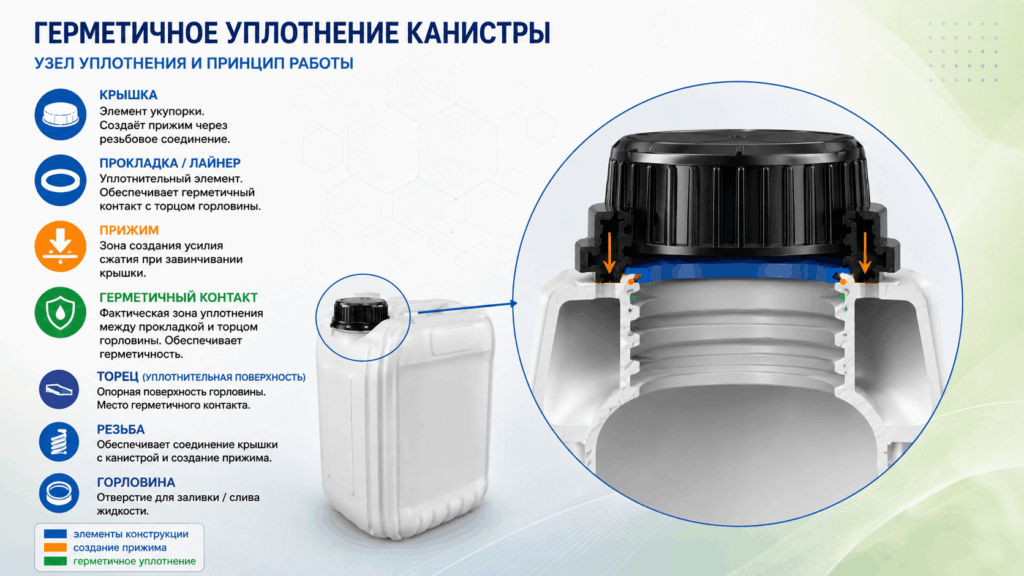 Техническая инфографика узла укупорки канистры: резьба, посадочная плоскость, уплотнение и зона герметизации крышки.