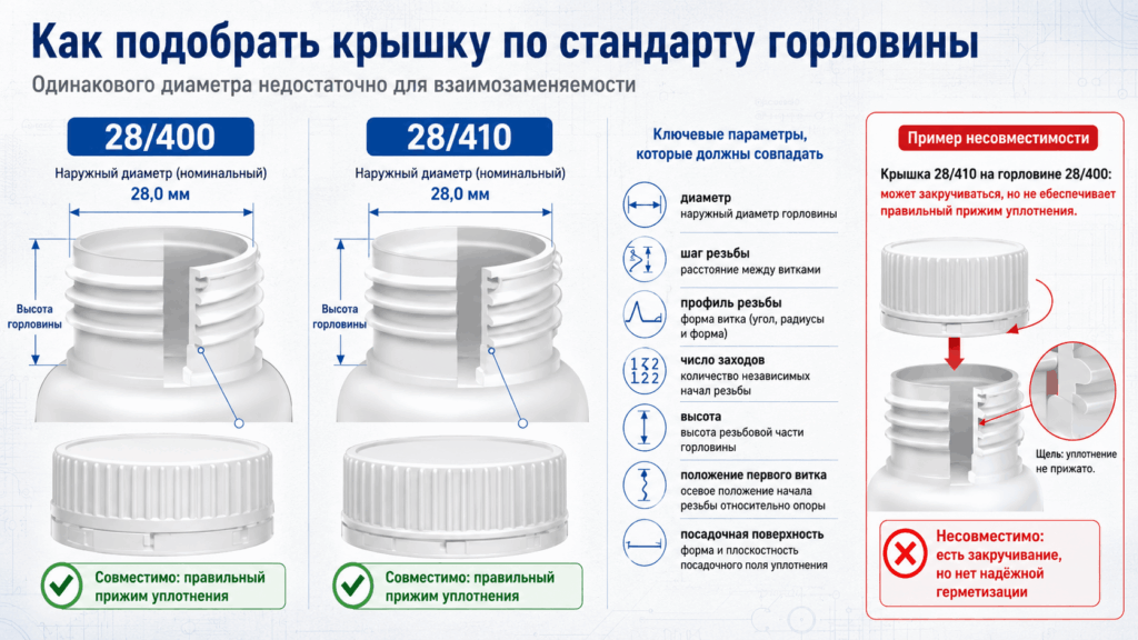 Сравнение горловин 28/400 и 28/410 — инфографика о том, почему одинаковый диаметр не гарантирует совместимость крышки.