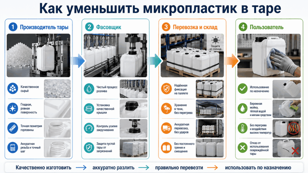 Жизненный цикл бутылки и канистры с точки зрения микропластика – контроль сырья, качества резьбы, укупорки, транспортировки и эксплуатации.