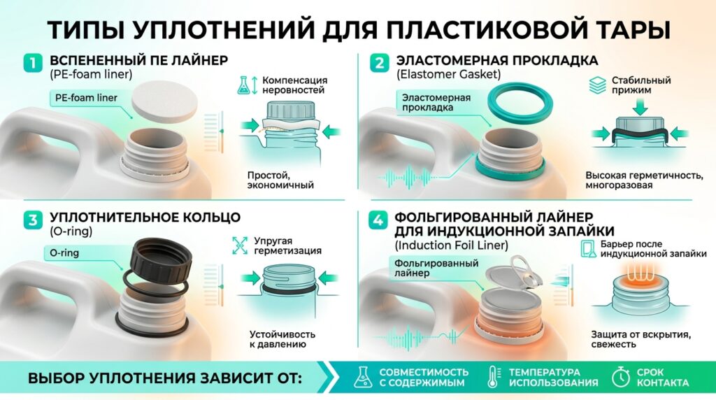 Виды уплотнений для пластиковой канистры: PE-foam, O-ring, эластомерная прокладка и фольгированный лайнер для герметизации.